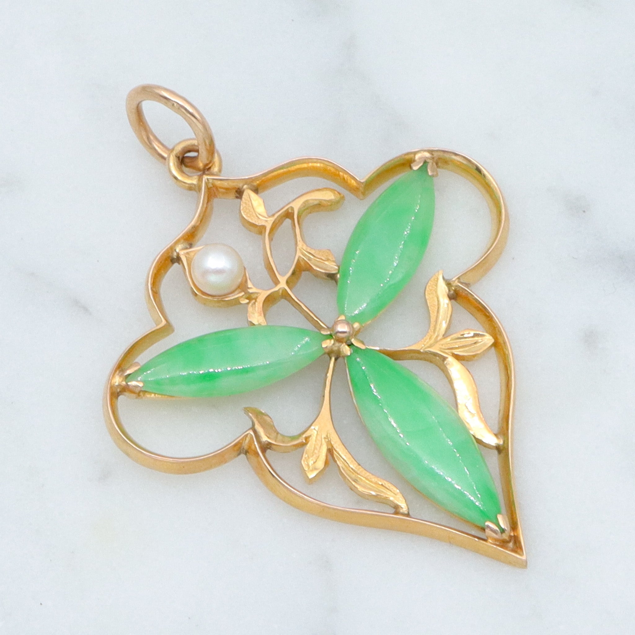 Antique Art Nouveau 14k gold jade & pearl foliate pendant